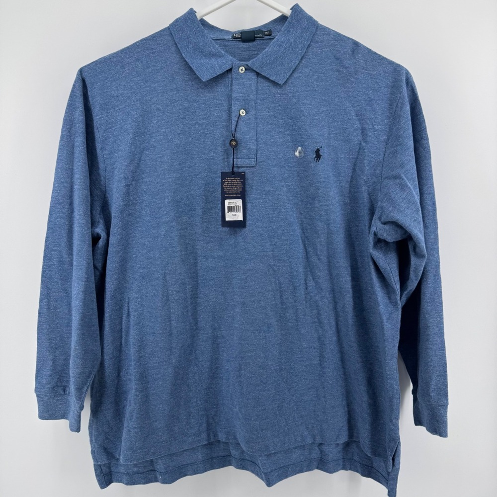 Polo Ralph Lauren Mens 3XB‎ Blue Heather Long Sleeve Cotton Polo Shirt NWT